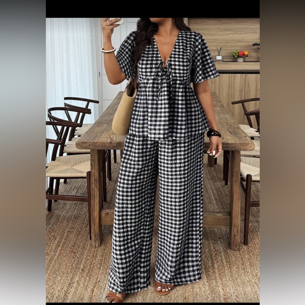 SHEIN Black & White Gingham Wide-Leg Pants